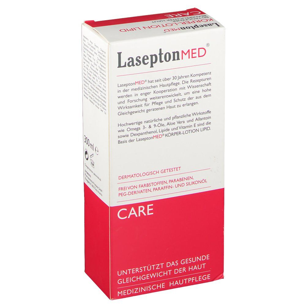 Körperlotion-Verpackung. Haupttext: KÖRPER-LOTION LIPID. Rote und weiße Farbgebung. 300ml. Dermatologisch getestet.