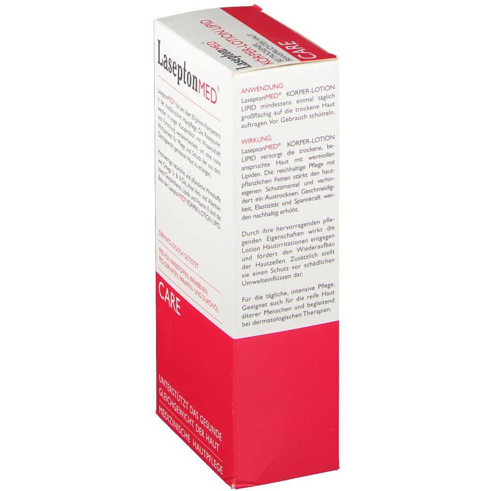 Körperlotion-Verpackung. Haupttext: KÖRPER-LOTION LIPID. Rote und weiße Farbgebung. 300ml. Dermatologisch getestet.