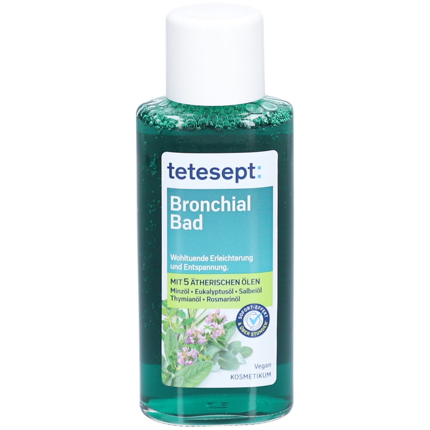 tetesept Bronchial Bad. Grüne Flüssigkeit in einer Flasche mit weißem Deckel. Etikett mit Produktnamen und Inhaltsstoffen.