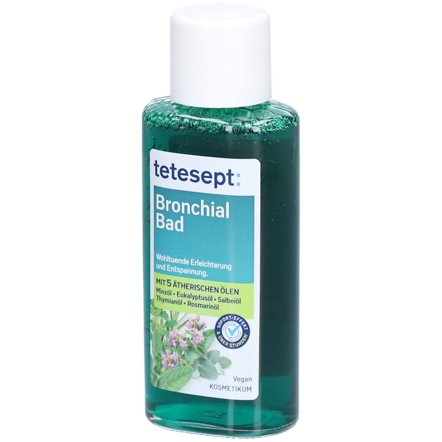 tetesept Bronchial Bad. Grüne Flüssigkeit in einer Flasche mit weißem Deckel. Etikett mit Produktnamen und Inhaltsstoffen.