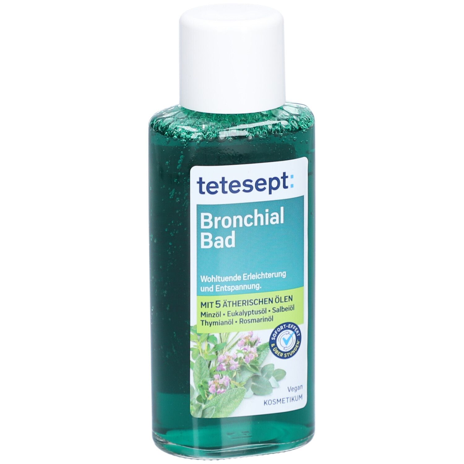 tetesept Bronchial Bad. Grüne Flüssigkeit in einer Flasche mit weißem Deckel. Etikett mit Produktnamen und Inhaltsstoffen.
