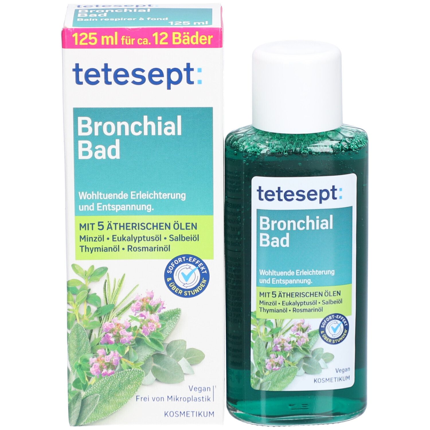 tetesept Bronchial Bad und Verpackung. Flasche mit grüner Flüssigkeit und Karton. Produktname und Inhaltsstoffe.