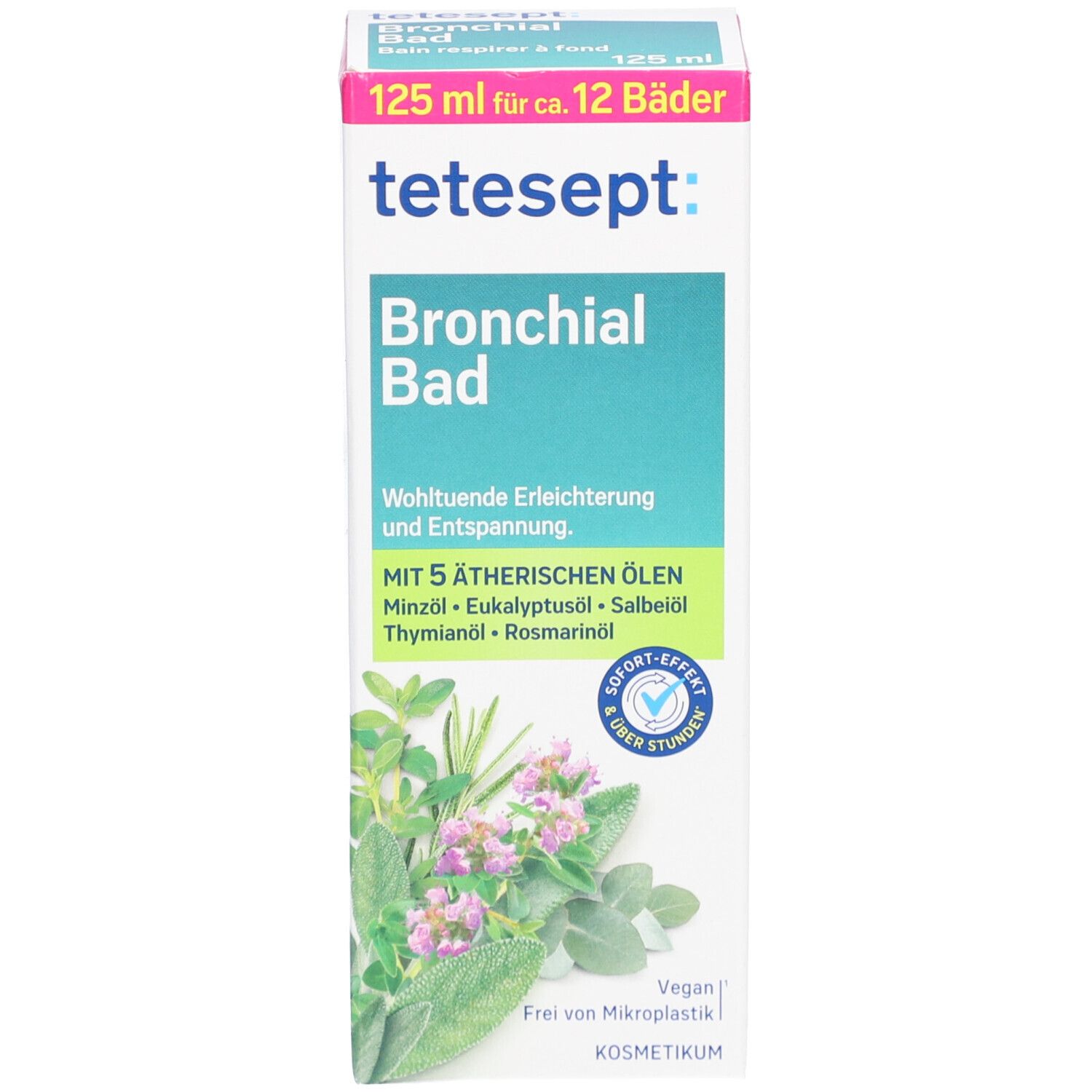 tetesept Bronchial Bad und Verpackung. Karton mit Produktinformationen und Flasche mit grüner Flüssigkeit.