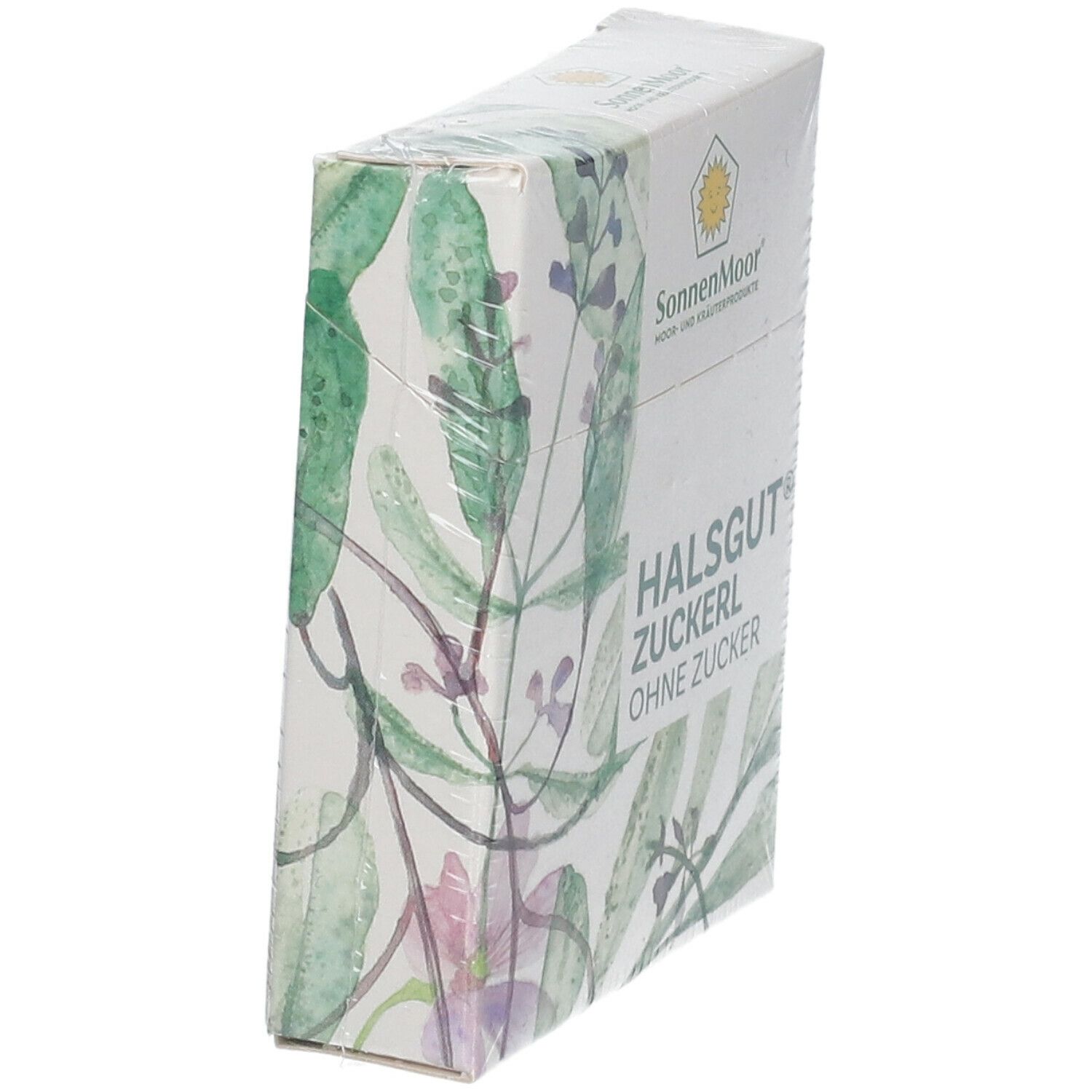 Schräg gestellte Verpackung mit SonnenMoor Halsgut Zuckerl. Weiße Schachtel mit floralem Muster und Produktnamen.