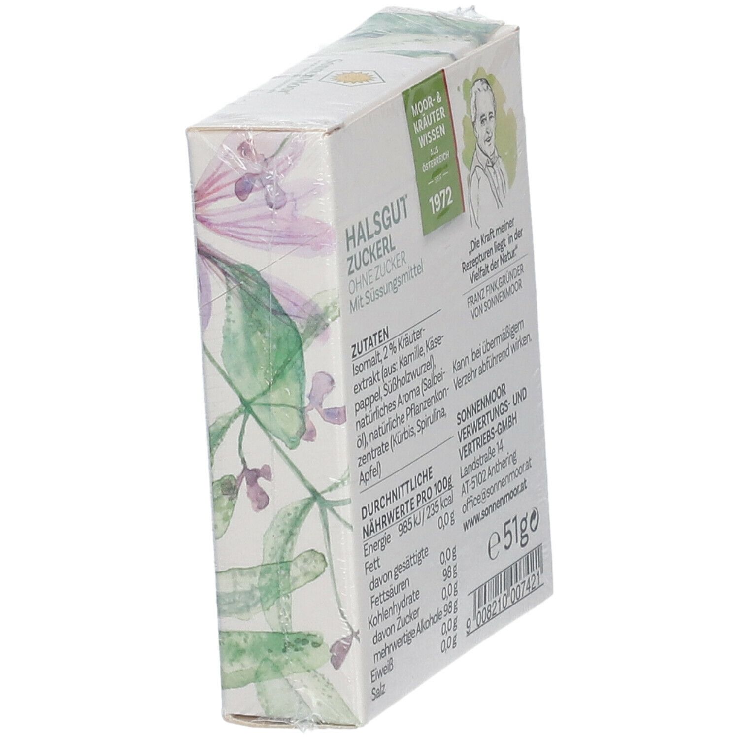 Schräg gestellte Verpackung mit SonnenMoor Halsgut Zuckerl. Rückseite mit Zutaten, Nährwerten, Herstellerinformationen und Gewicht.