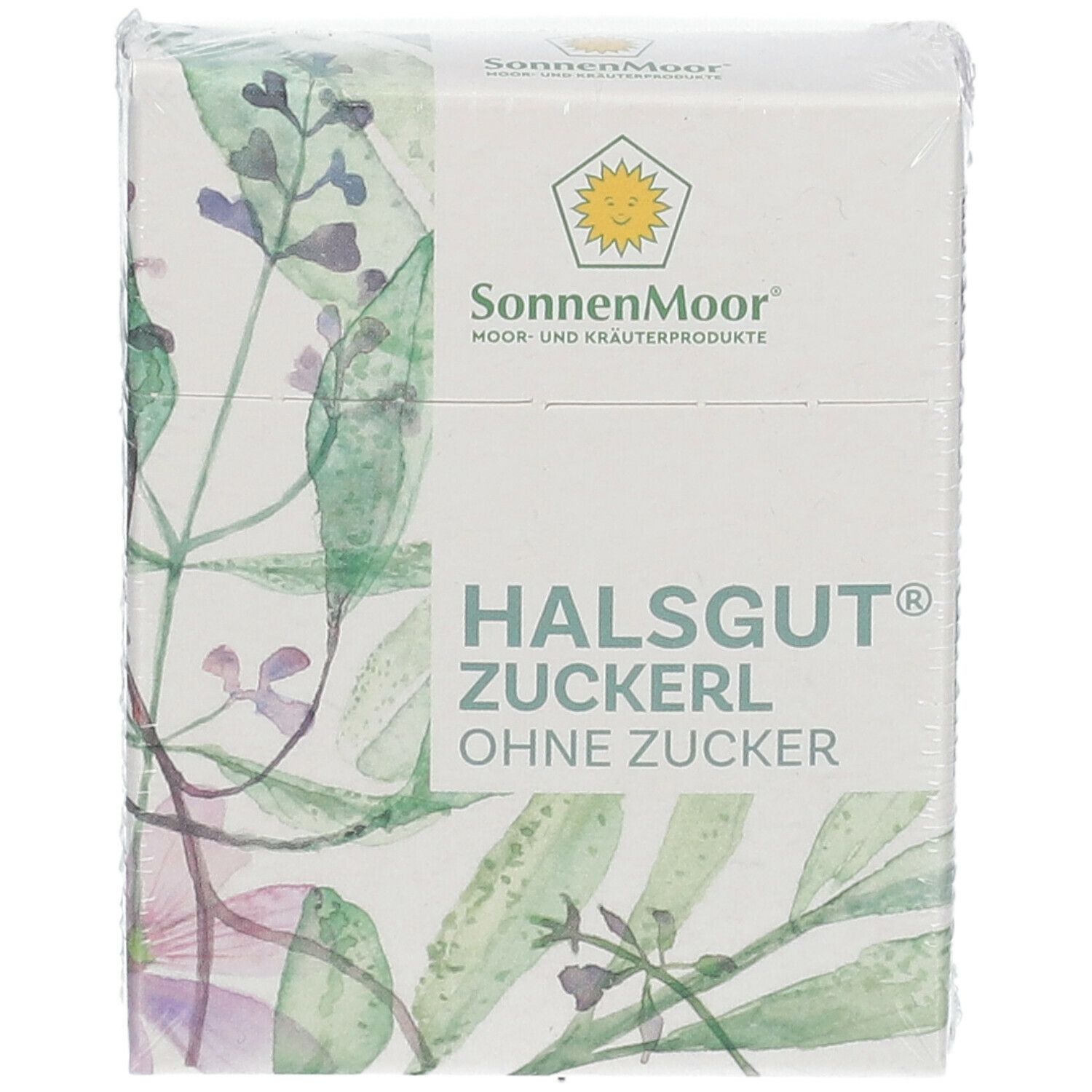 Verpackung mit SonnenMoor Halsgut Zuckerl. Weiße Schachtel mit floralem Muster und Produktnamen. Ohne Zucker.