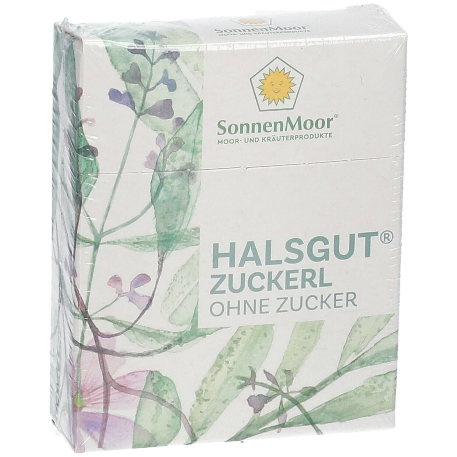 Verpackung mit SonnenMoor Halsgut Zuckerl. Weiße Schachtel mit floralem Muster und Produktnamen. Ohne Zucker.