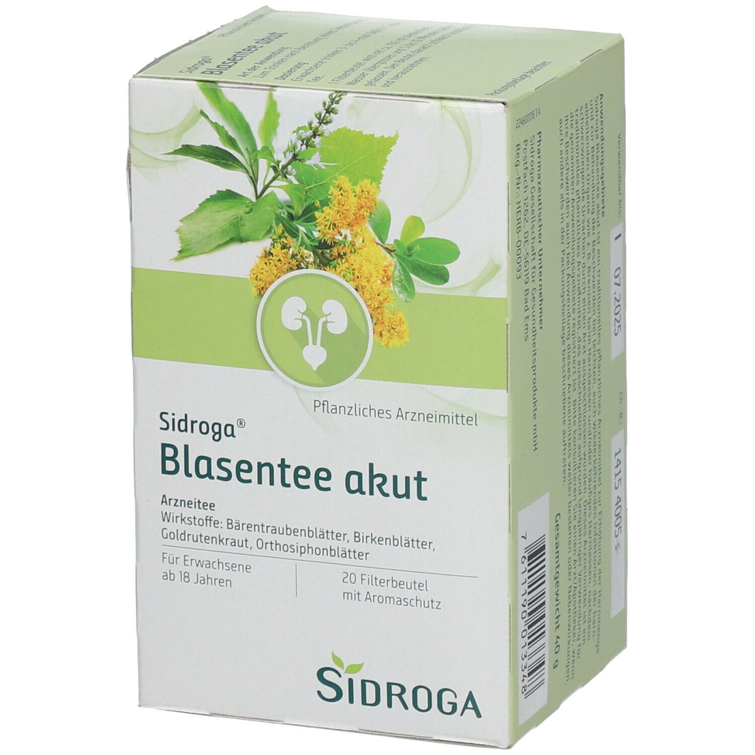 Sidroga® Blasentee akut, Arzneitee. Verpackung mit Inhaltsstoffen, Logo und Pflanzenabbildung. 20 Filterbeutel.