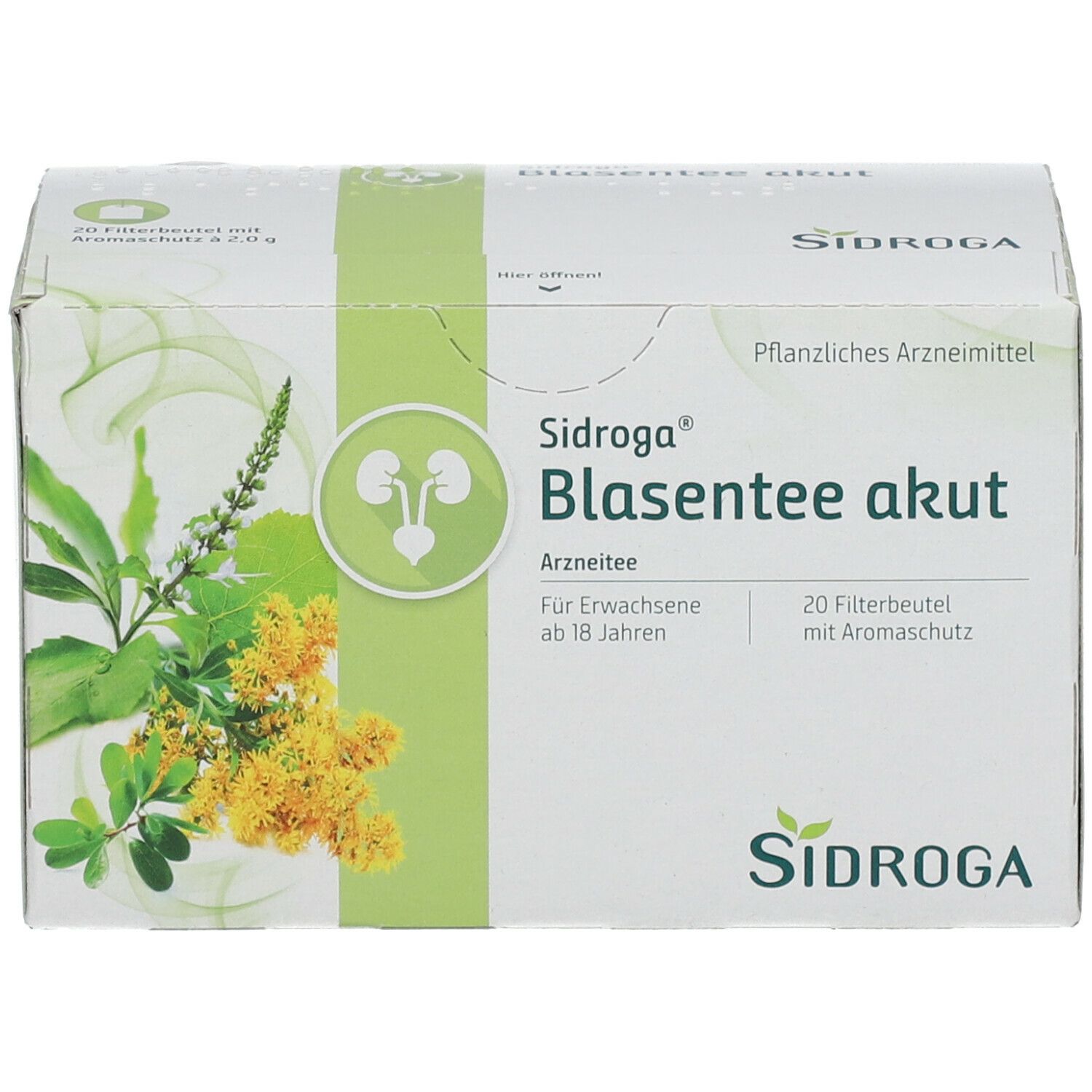 Sidroga® Blasentee akut, Arzneitee, 20 Filterbeutel. Verpackung mit Logo, Pflanzenabbildung und Produktinformationen.