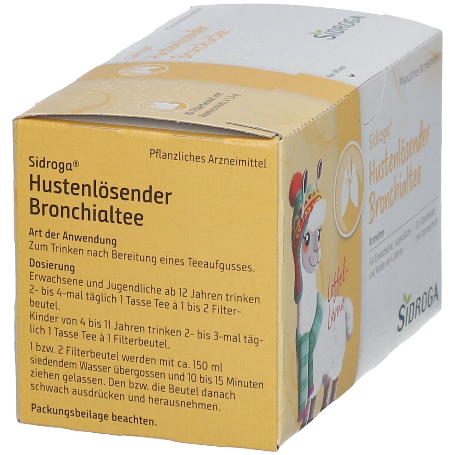 Sidroga® Hustenlösender Bronchialtee-Packung. Text mit Anweisungen zur Zubereitung und Dosierung. 20 Filterbeutel.