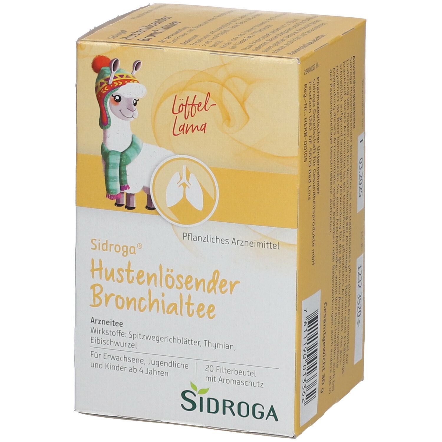 Sidroga® Hustenlösender Bronchialtee-Packung. Aufdruck mit Lama-Illustration und Produktinformationen. 20 Filterbeutel.