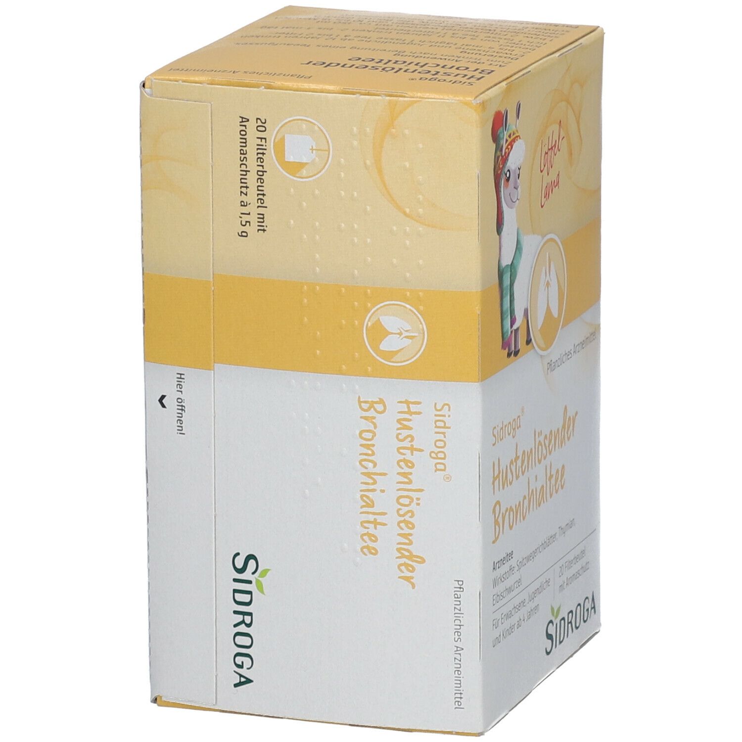 Sidroga® Hustenlösender Bronchialtee-Packung. Seitenansicht mit Produktinformationen und 20 Filterbeuteln.