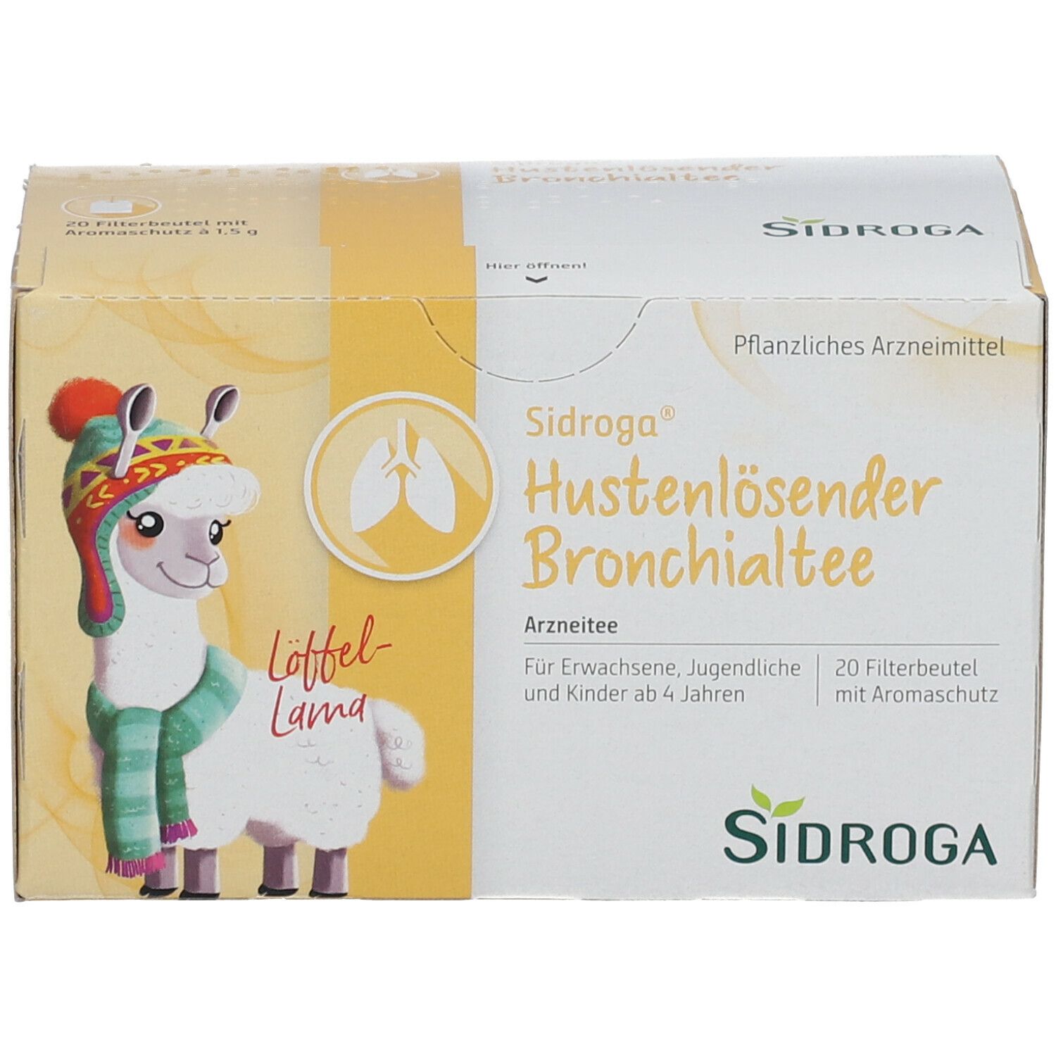 Sidroga® Hustenlösender Bronchialtee-Packung. Aufdruck mit Lama-Illustration und Produktinformationen. 20 Filterbeutel.