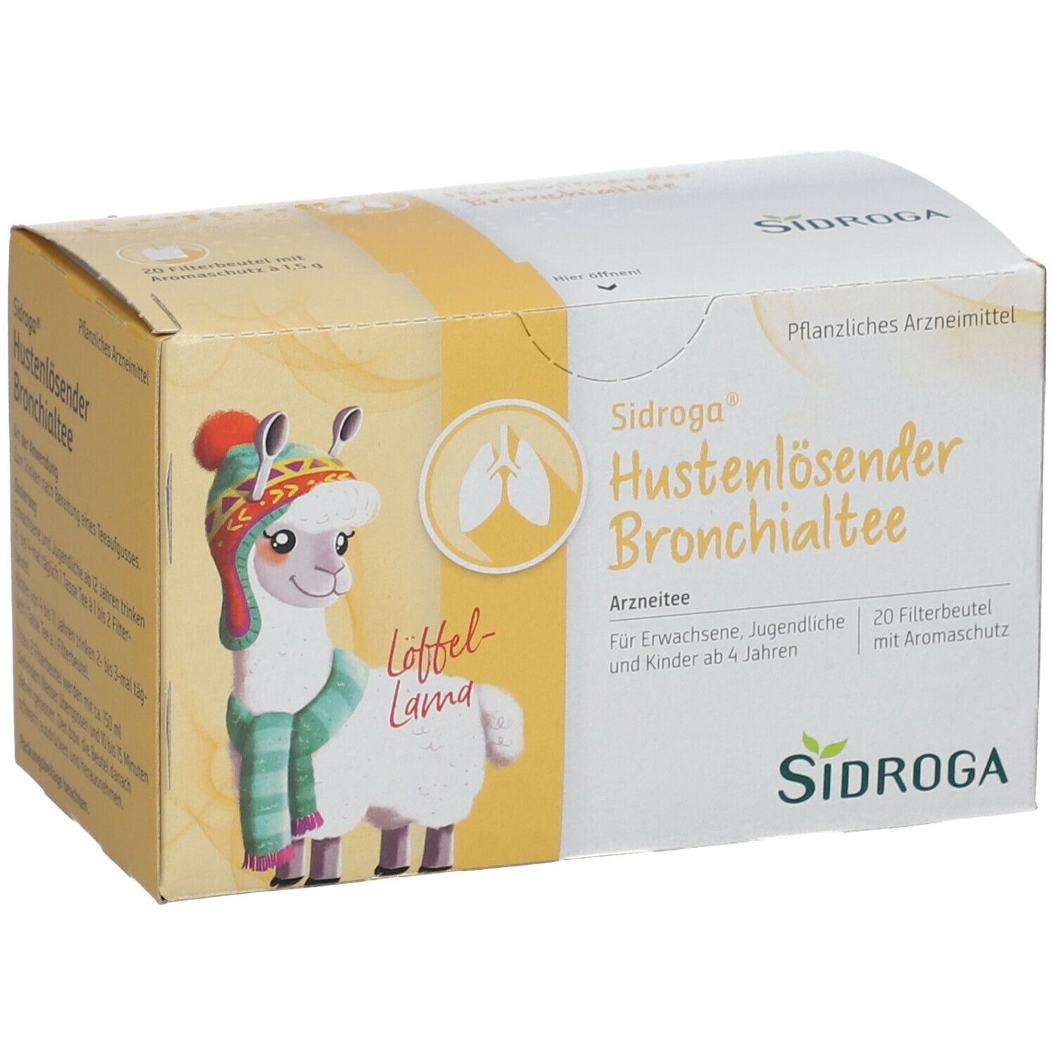 Sidroga® Hustenlösender Bronchialtee-Packung. Aufdruck mit Lama-Illustration und Produktinformationen. 20 Filterbeutel.