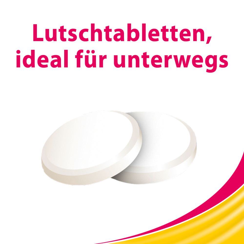 Zwei weiße Lutschtabletten. Text: Lutschtabletten, ideal für unterwegs.