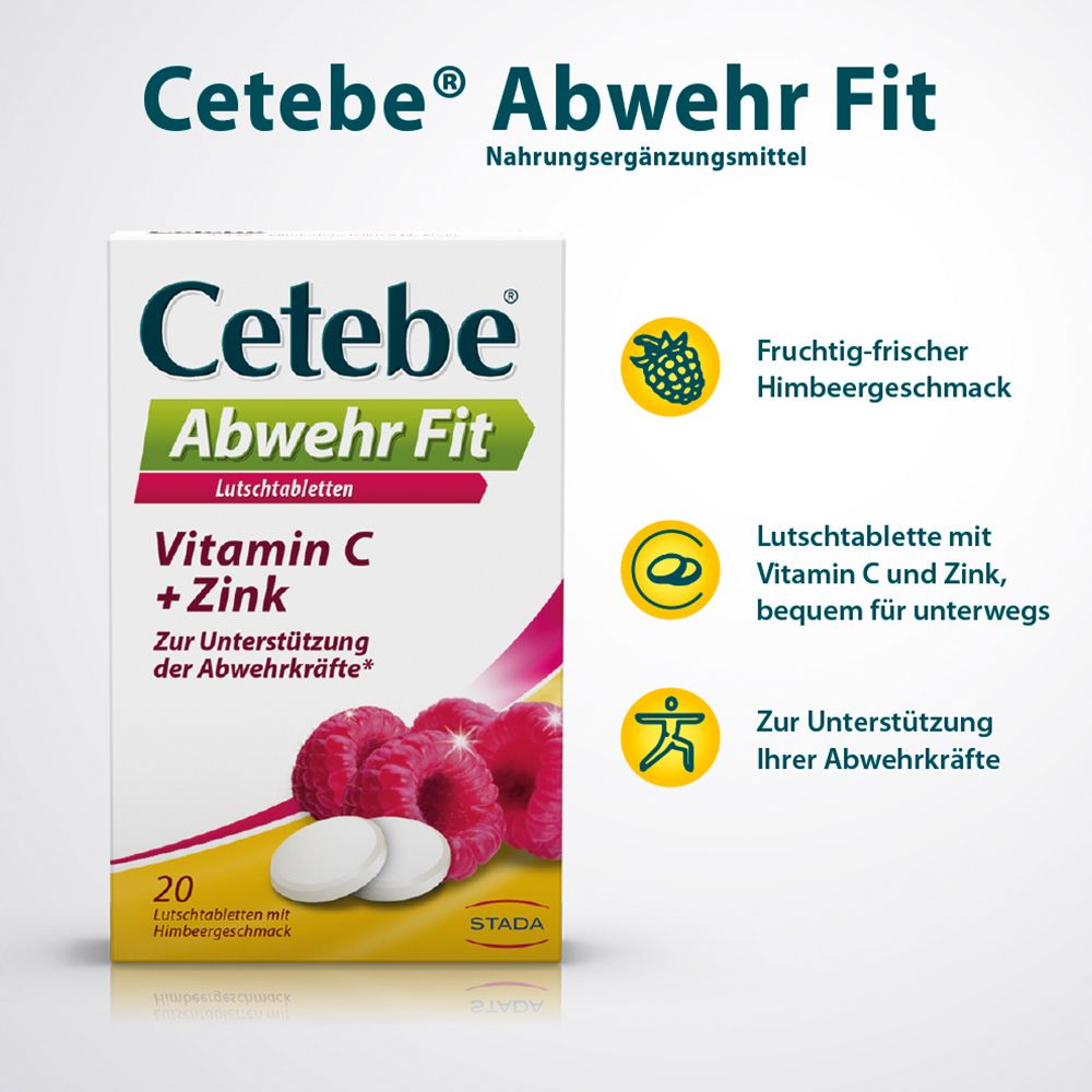 Cetebe Abwehr Fit Packung. Enthält 20 Lutschtabletten mit Himbeergeschmack. Vitamin C und Zink. Zusätzliche Icons.