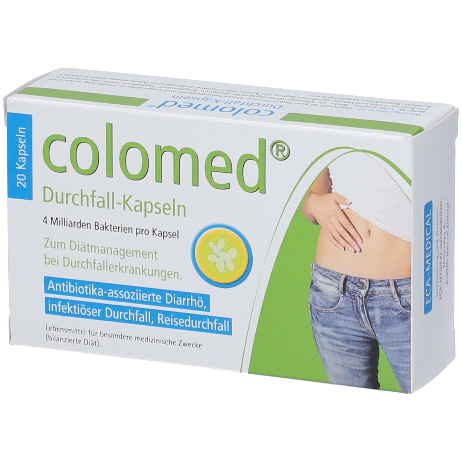 Schachtel colomed® Durchfall-Kapseln. 20 Kapseln. Grüne und weiße Verpackung. Abbildung einer Person, die sich den Bauch hält.