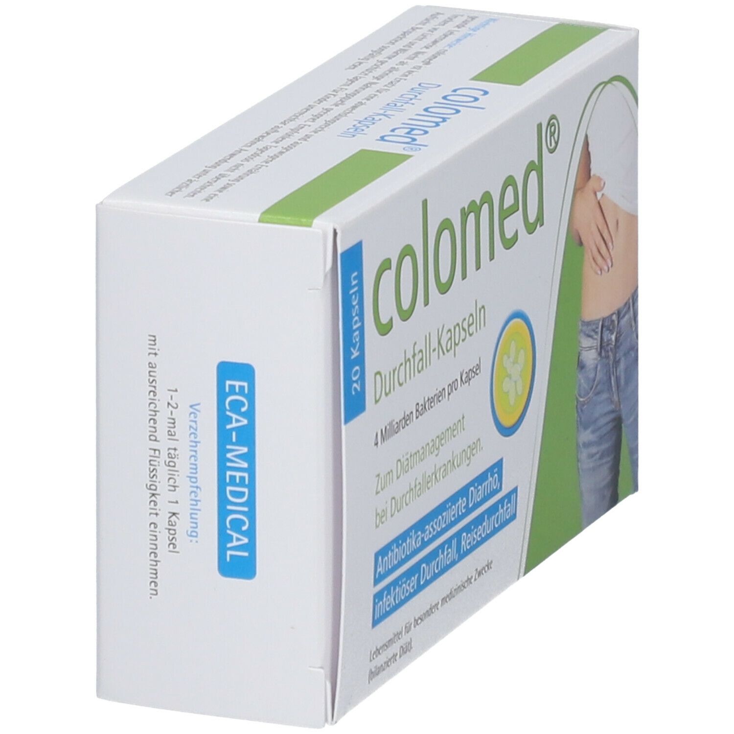 Schachtel colomed® Durchfall-Kapseln. 20 Kapseln. Grüne und weiße Verpackung. Seitenansicht mit Text und Logo.