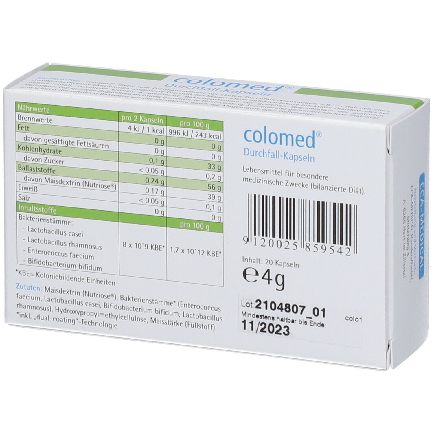 Rückseite der Schachtel colomed® Durchfall-Kapseln. Enthält Nährwertangaben, Inhaltsstoffe und Chargennummer.