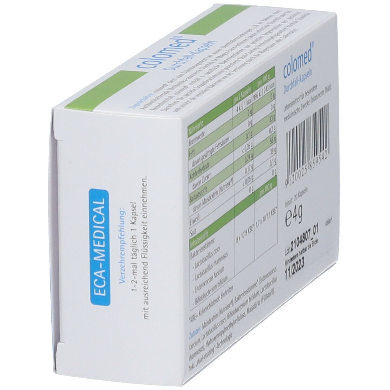 Seitenansicht der Schachtel colomed® Durchfall-Kapseln. Enthält Nährwertangaben und Chargennummer.