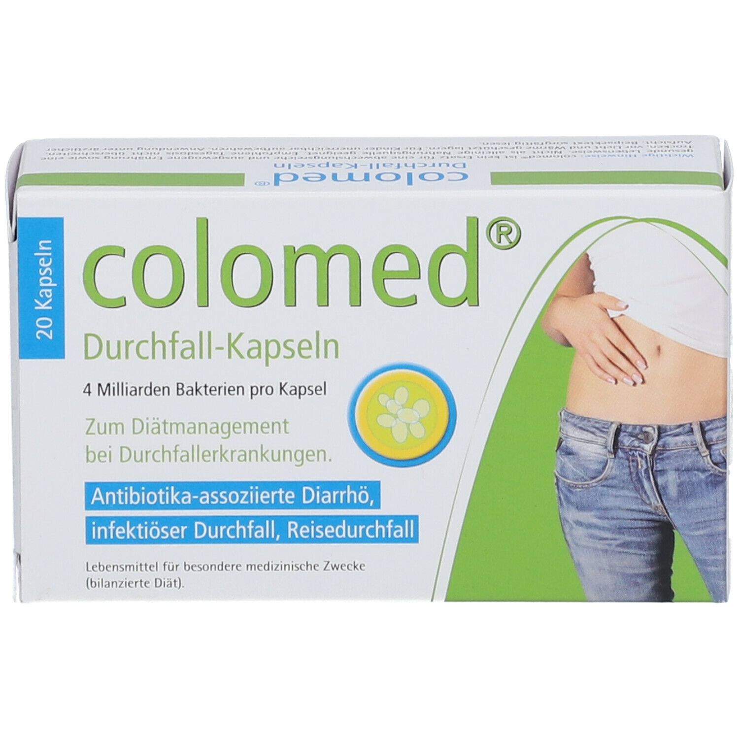 Schachtel colomed® Durchfall-Kapseln. 20 Kapseln. Grüne und weiße Verpackung. Abbildung einer Person, die sich den Bauch hält.