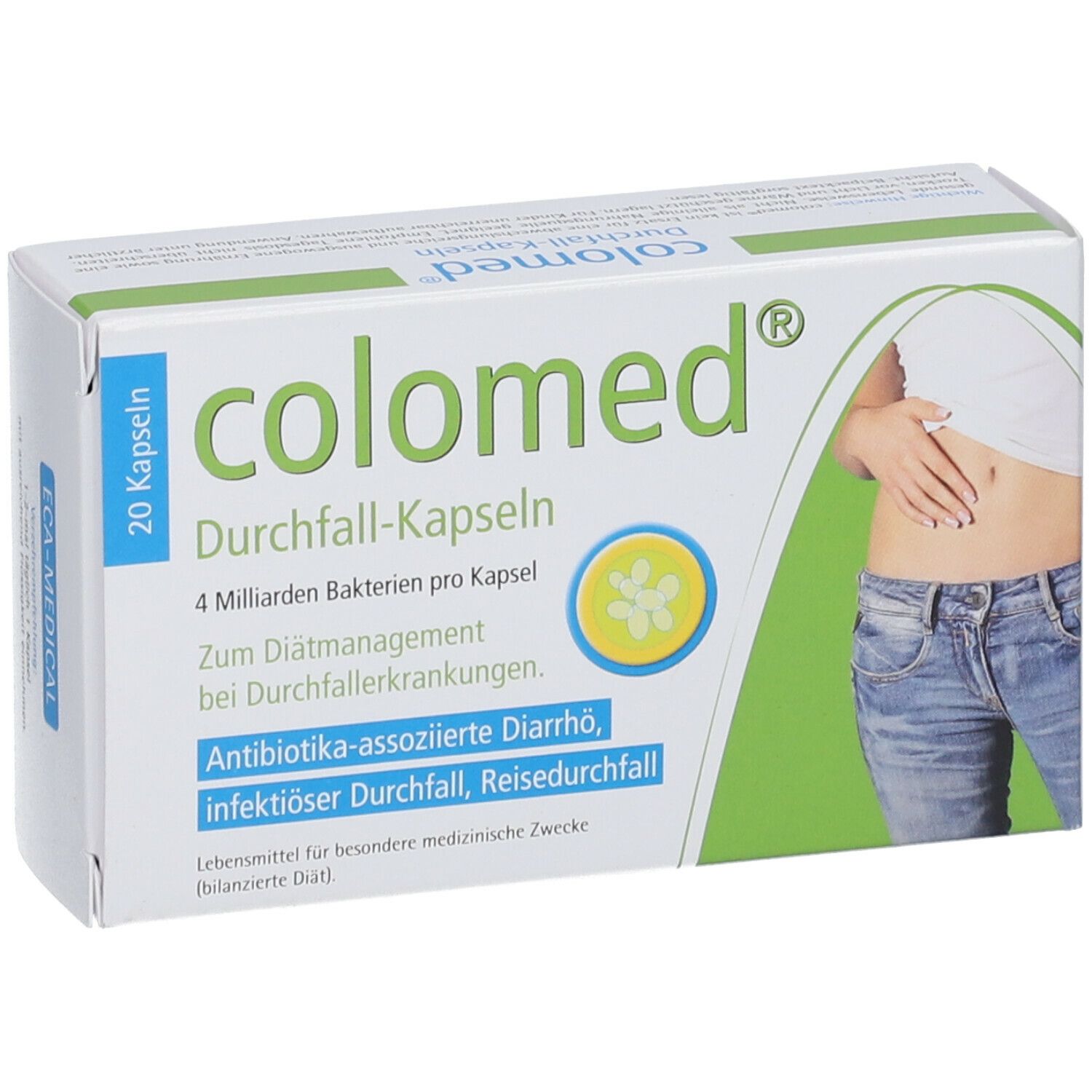 Schachtel colomed® Durchfall-Kapseln. 20 Kapseln. Grüne und weiße Verpackung. Abbildung einer Person, die sich den Bauch hält.