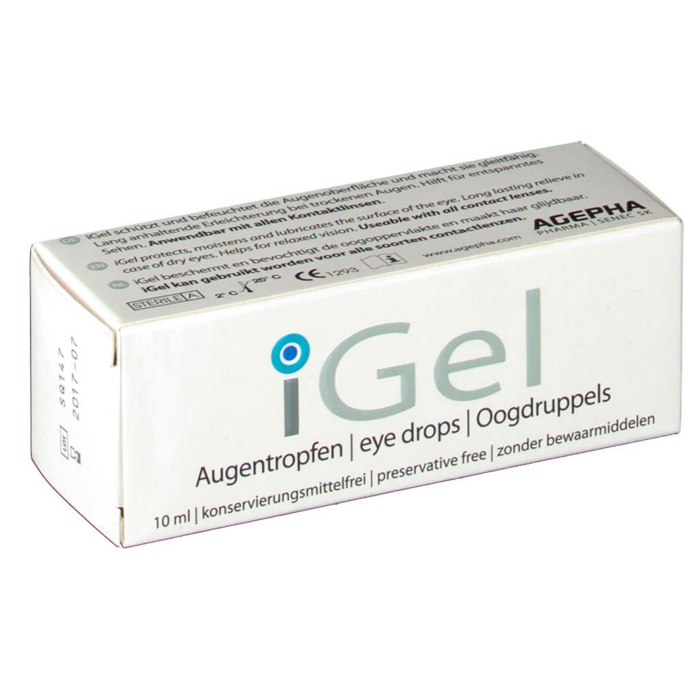 Schachtel mit iGel Augentropfen. Text: Augentropfen, 10 ml, konservierungsmittelfrei. Marke: AGEPHA.