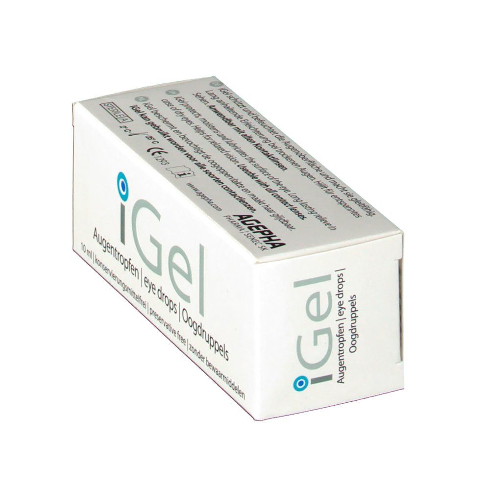 Schräg stehende Schachtel mit iGel Augentropfen. Text: Augentropfen, 10 ml, ohne Konservierungsstoffe. Marke: AGEPHA.