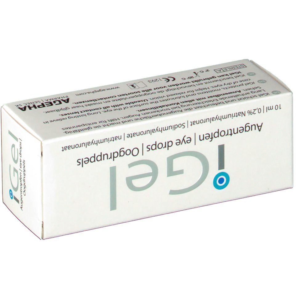 Schachtel mit iGel Augentropfen. Text: Augentropfen, 10 ml, Natriumhyaluronat. Marke: AGEPHA.