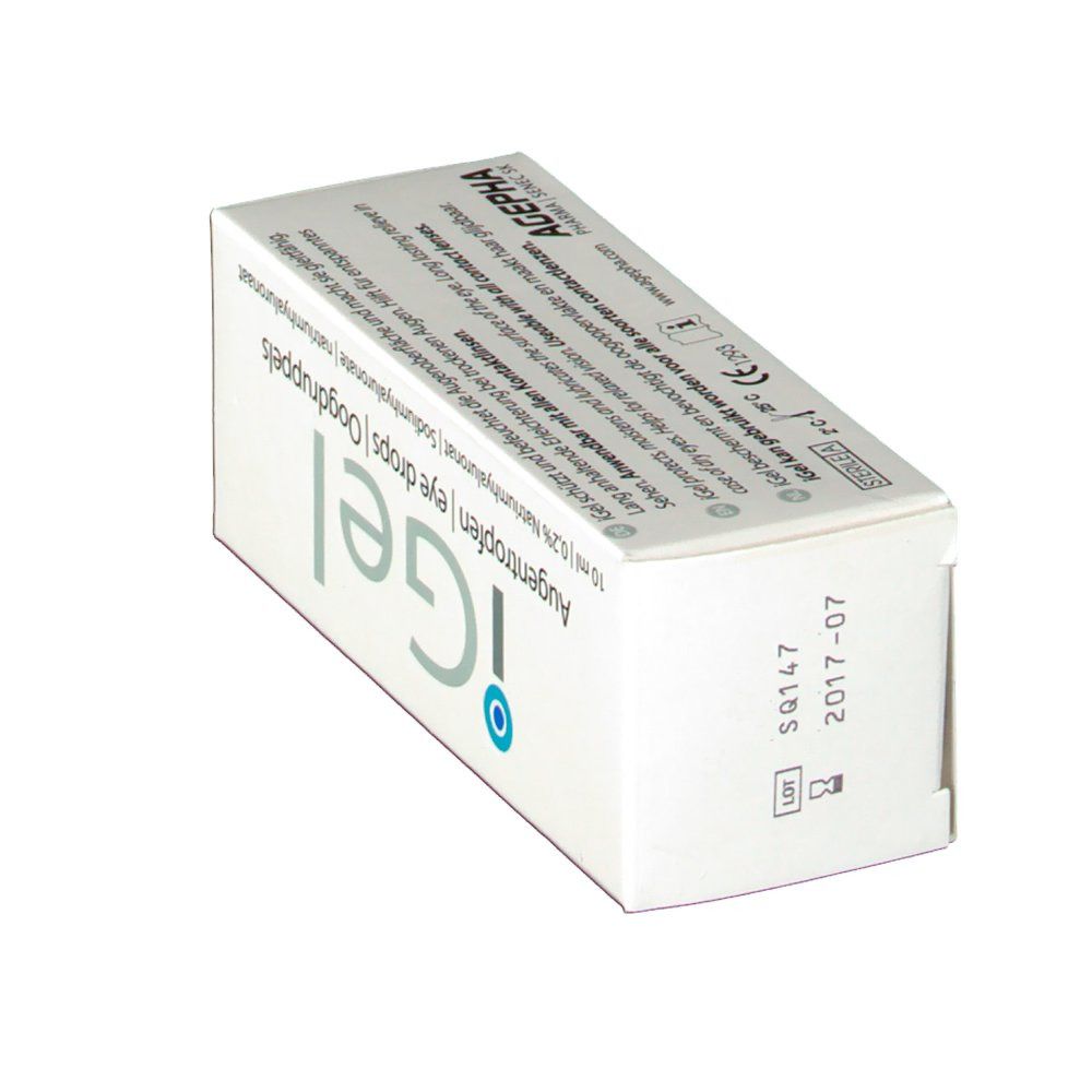 Schachtel mit iGel Augentropfen. Text: Augentropfen, 10 ml. Marke: AGEPHA. Aufdruck: 2017-07.