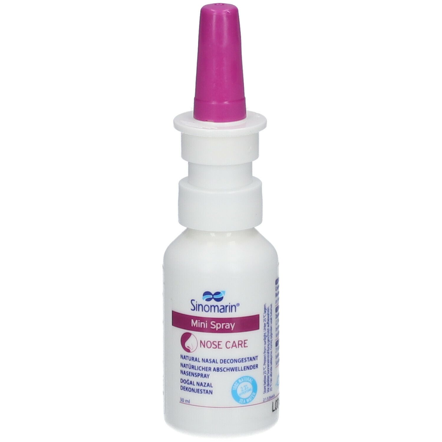 Weiße Flasche mit pinkfarbenem Sprühkopf. Aufschrift: Sinomarin Mini Spray, Nose Care.