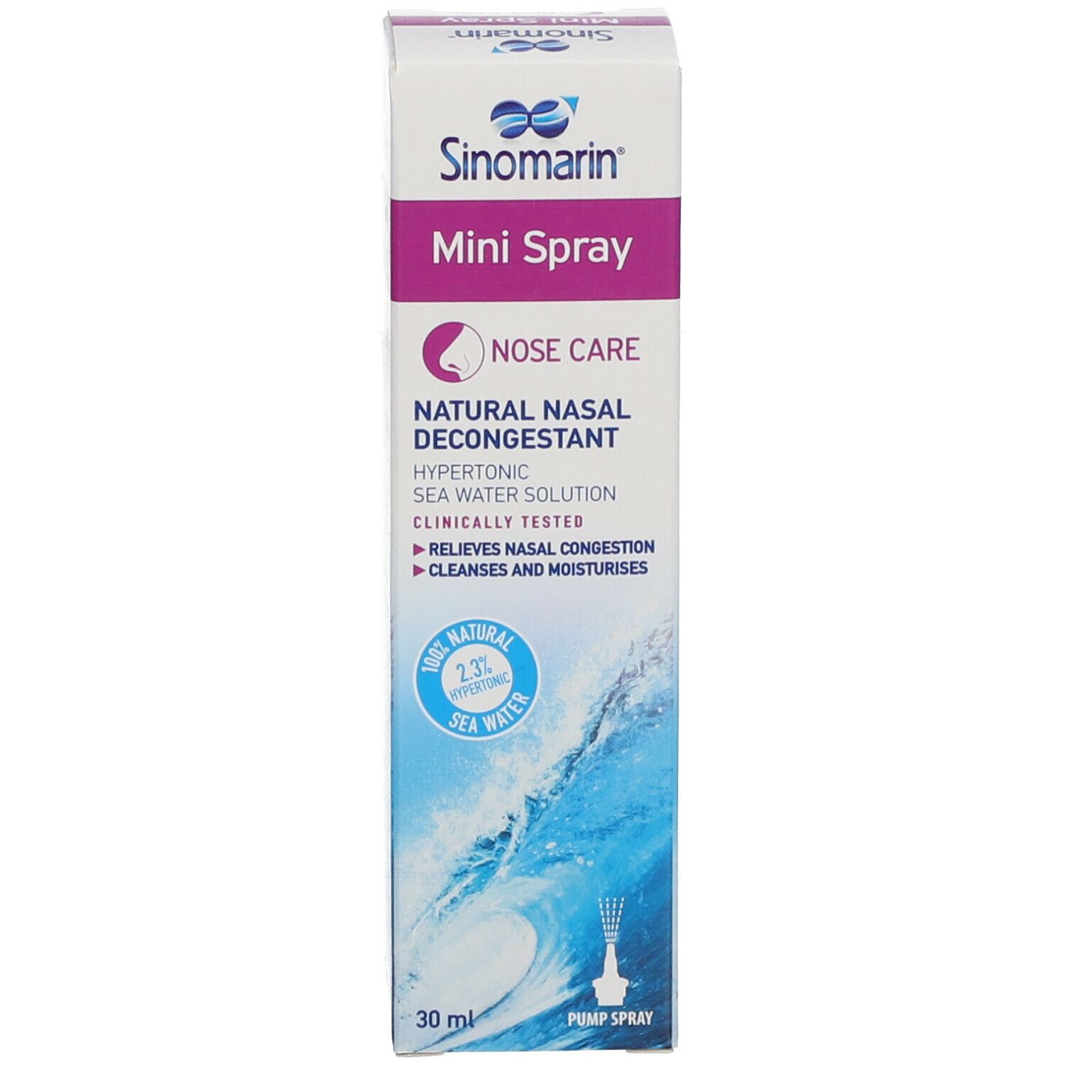 Verpackung von Sinomarin Mini Spray. Aufschrift: Sinomarin, Mini Spray, Nose Care.