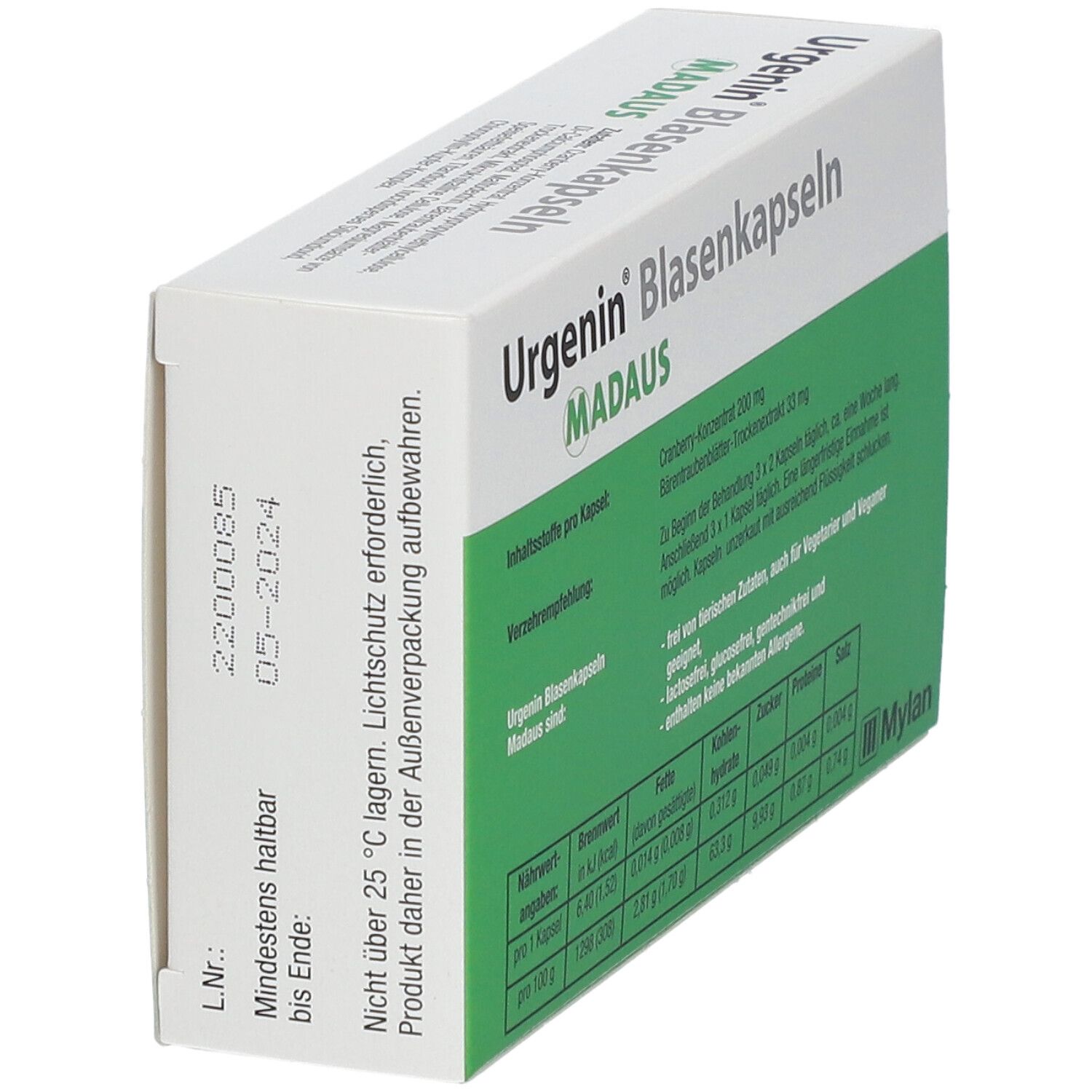 Rückseite der Urgenin® Blasenkapseln Verpackung. Informationen und Haltbarkeitsdatum. Weißer Karton mit grünen Akzenten.