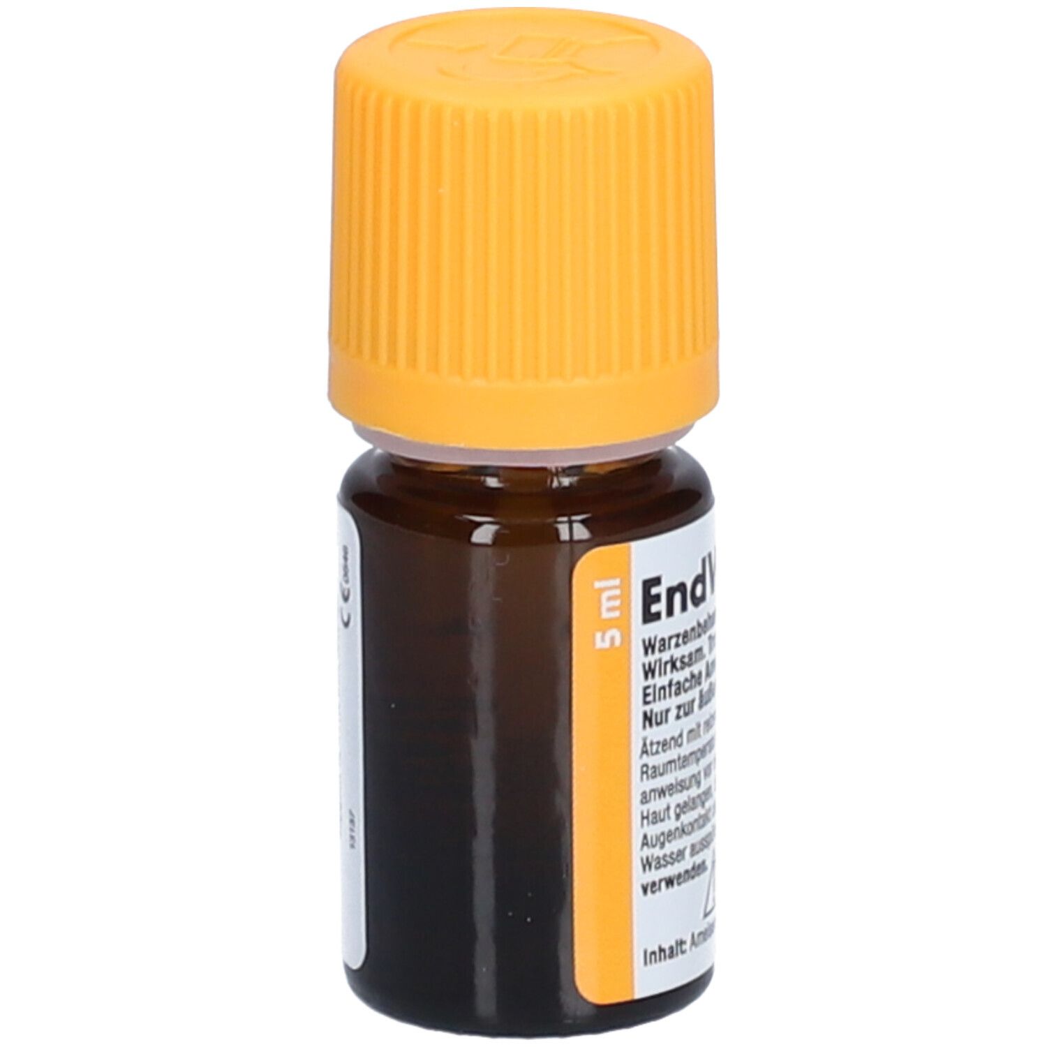 Braune Glasflasche mit gelbem Deckel. Etikett mit Produktnamen und Text. Enthält 5 ml Flüssigkeit.