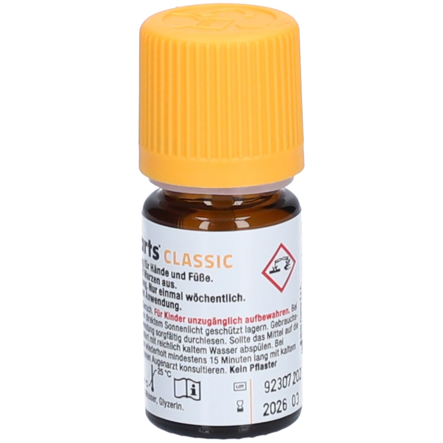 Braune Glasflasche mit gelbem Deckel. Etikett mit Produktnamen und Text. Enthält 5 ml Flüssigkeit.