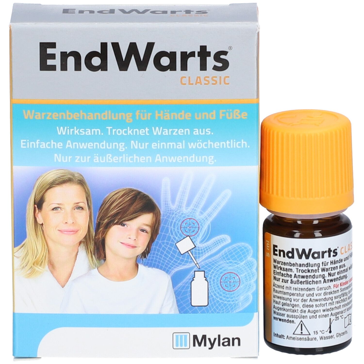EndWarts® CLASSIC Flasche und Verpackung. Braune Flasche mit gelbem Deckel. Verpackung mit Text und Bild.