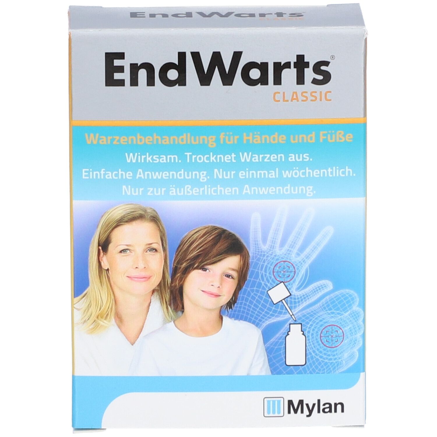 Verpackung von EndWarts® CLASSIC. Box mit Produktabbildung und Text. Enthält Informationen zur Warzenbehandlung.