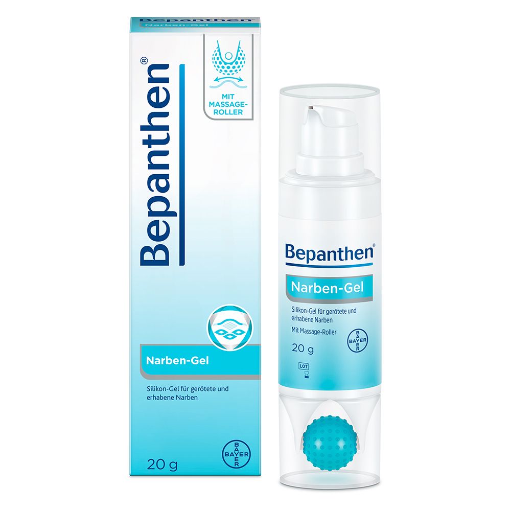 Bepanthen Narben-Gel mit Massage-Roller. Flasche und Verpackung. 20g. Mit Massage-Roller.
