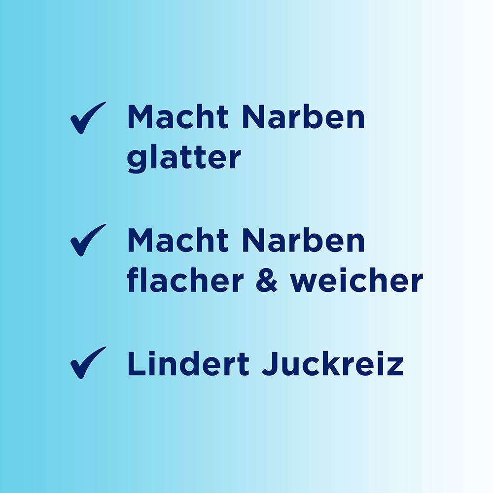 Text: Macht Narben glatter, flacher & weicher. Lindert Juckreiz.