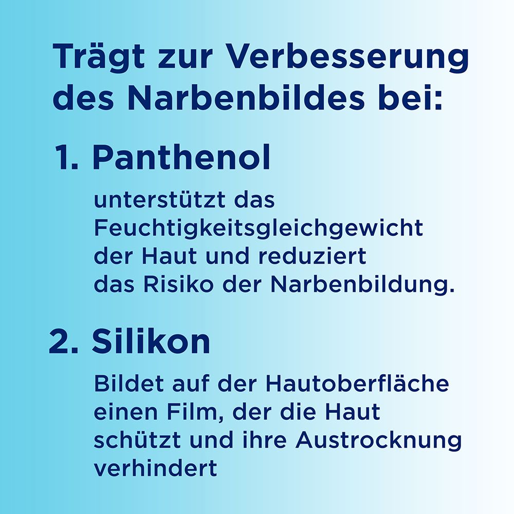Text: 1. Panthenol. 2. Silikon. 3. Massage-Roller. Reduziert die Bildung von Kollagen und verbessert die Narbenstruktur.