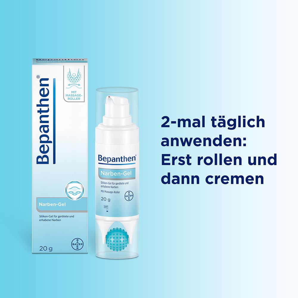 Bepanthen Narben-Gel mit Massage-Roller. Flasche und Verpackung. Text: 2-mal täglich anwenden: Erst rollen und dann cremen.