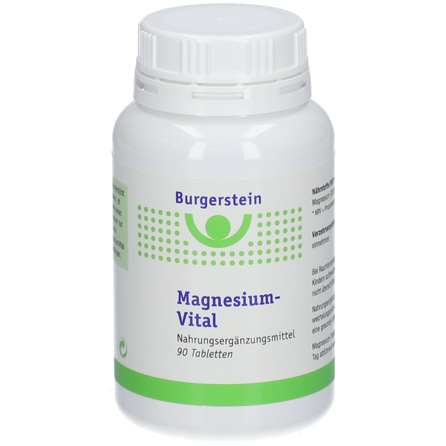 Weiße Flasche mit Schraubverschluss. Aufschrift: Burgerstein Magnesium-Vital, 90 Tabletten. Grün-weiße Etiketten.