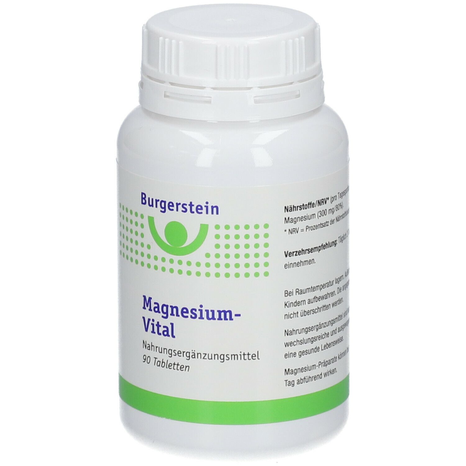 Weiße Flasche mit Schraubverschluss. Aufschrift: Burgerstein Magnesium-Vital, 90 Tabletten. Grün-weißes Etikett.