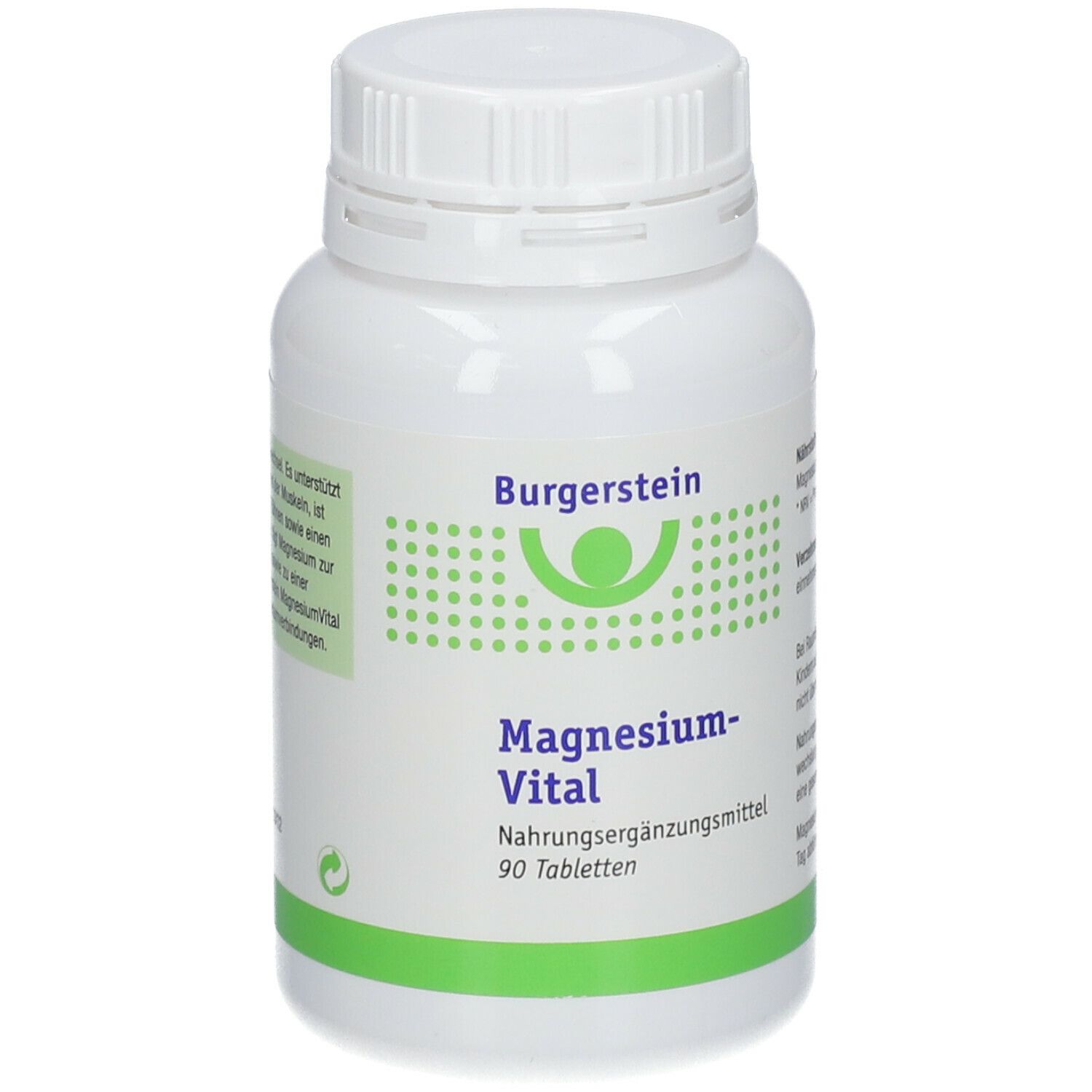 Weiße Flasche mit Schraubverschluss. Aufschrift: Burgerstein Magnesium-Vital, 90 Tabletten. Grün-weißes Etikett.