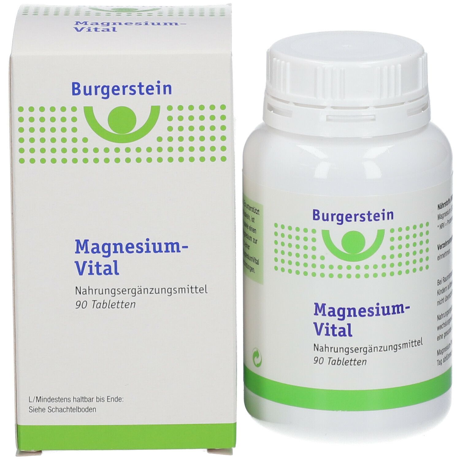 Weiße Flasche und Schachtel. Aufschrift: Burgerstein Magnesium-Vital, 90 Tabletten. Grün-weißes Design.