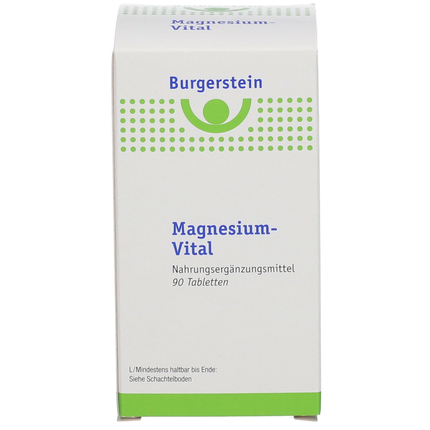 Weiße Schachtel. Aufschrift: Burgerstein Magnesium-Vital, 90 Tabletten. Grün-weißes Design.