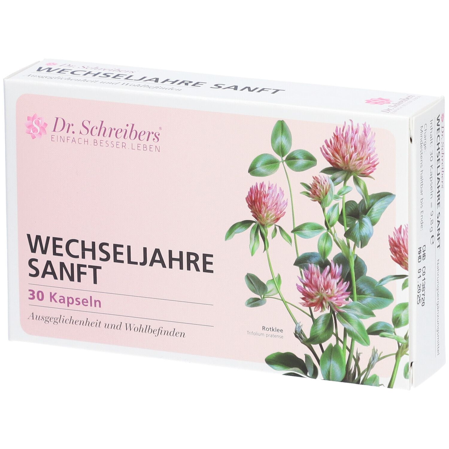 Karton mit "Dr. Schreibers Wechseljahre sanft". 30 Kapseln. Rosa Klee-Illustration. Ausgeglichenheit und Wohlbefinden.