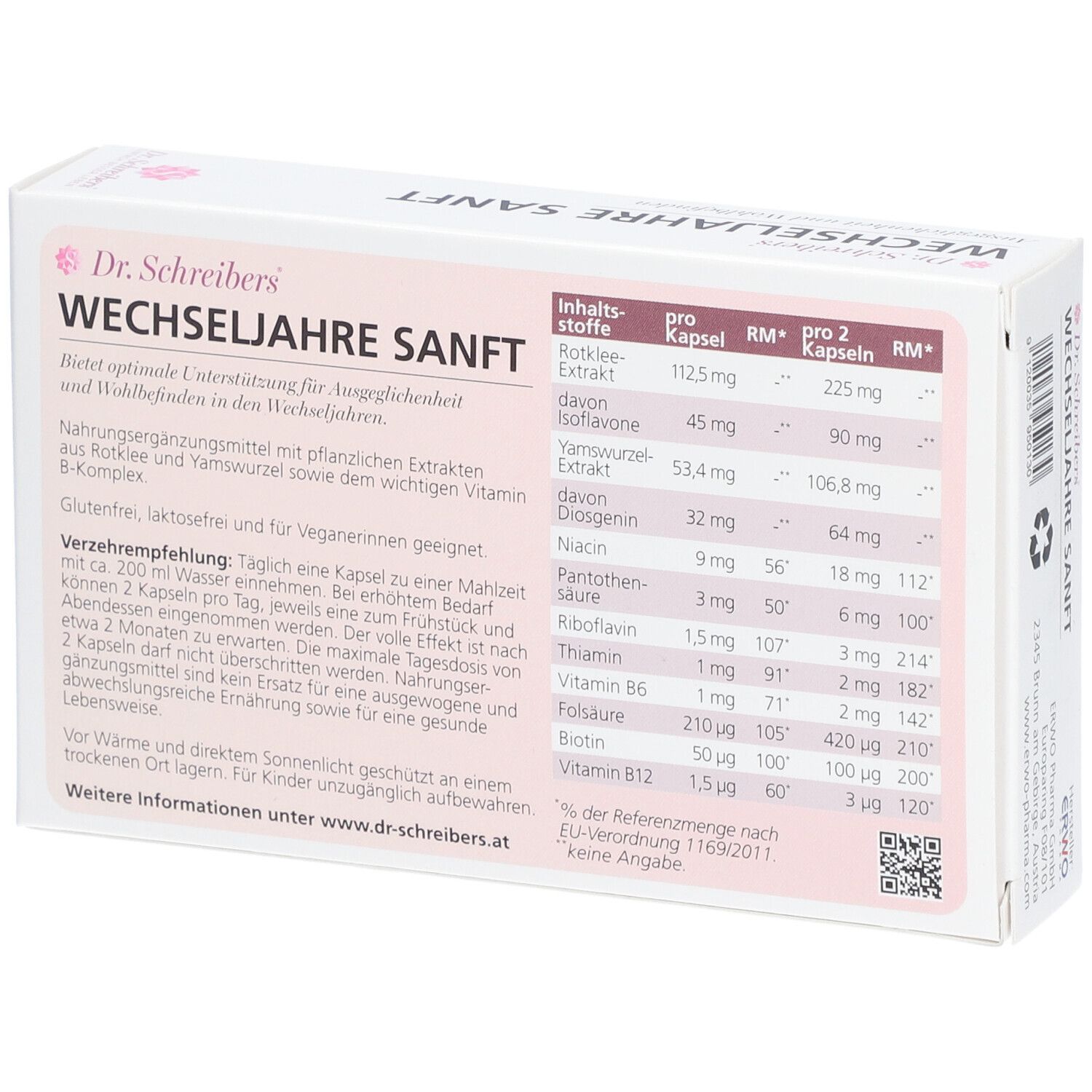 Rückseite der "Dr. Schreibers Wechseljahre sanft" Verpackung. Inhaltsstoffe und Nährwertangaben. QR-Code.