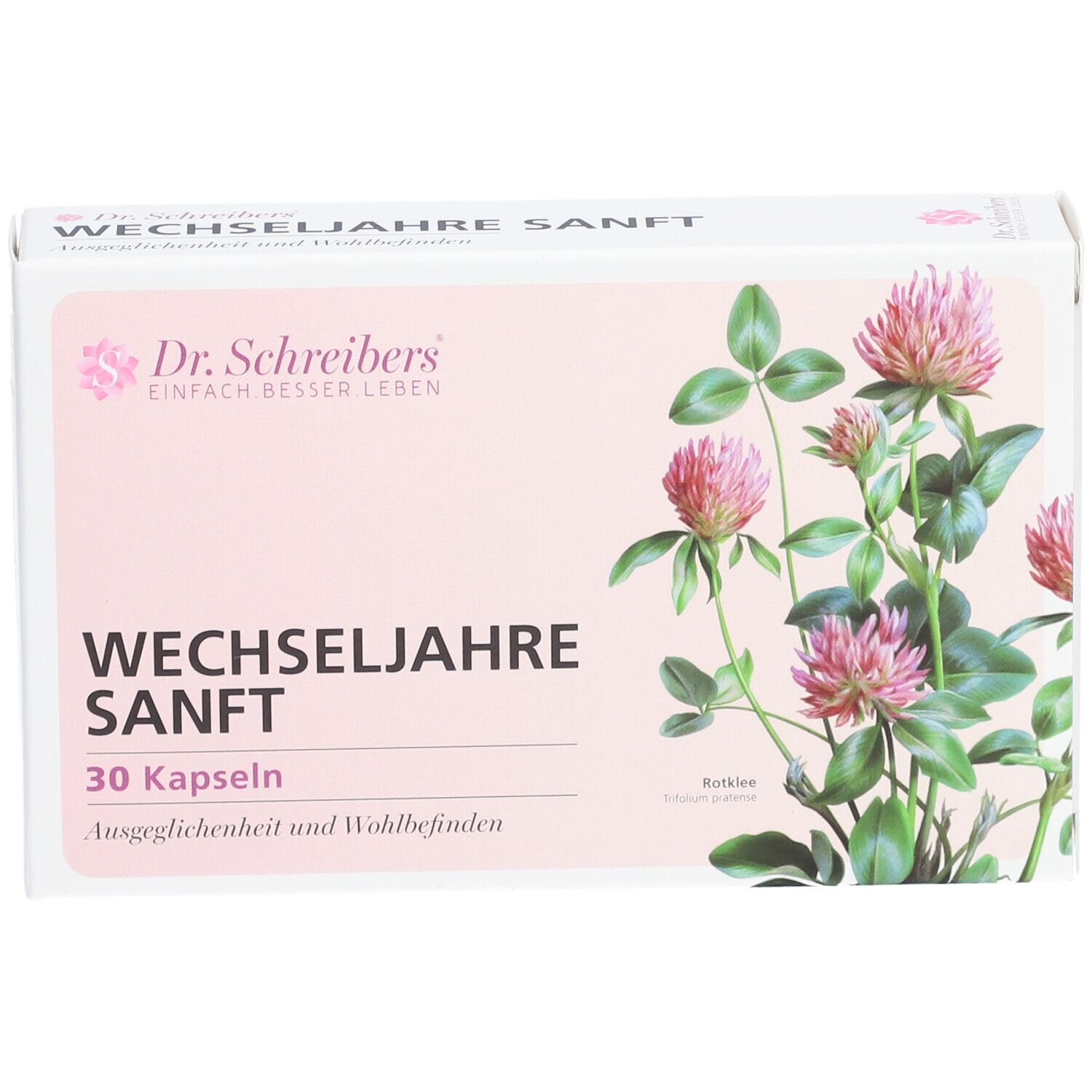 Karton "Dr. Schreibers Wechseljahre sanft". 30 Kapseln. Rosa Klee-Illustration. Ausgeglichenheit und Wohlbefinden.