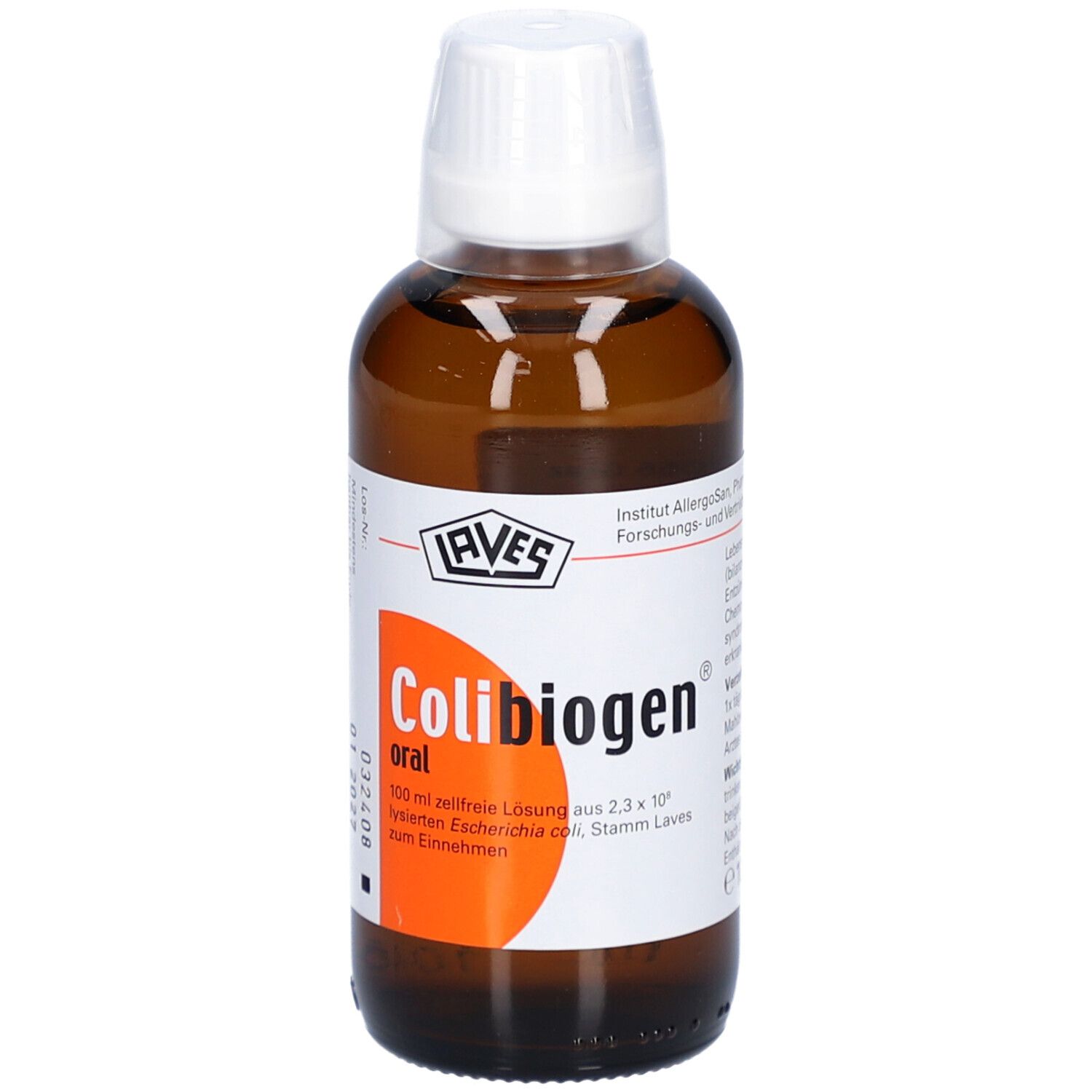 Braune Flasche mit weißem Deckel. Aufkleber mit "Colibiogen oral" und weiteren Informationen.